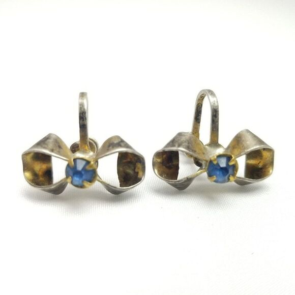 Vintage Sterling Silver Blue Rhinestone Bow Shape Clip On Screw Back Earrings - Picture 7 of 7